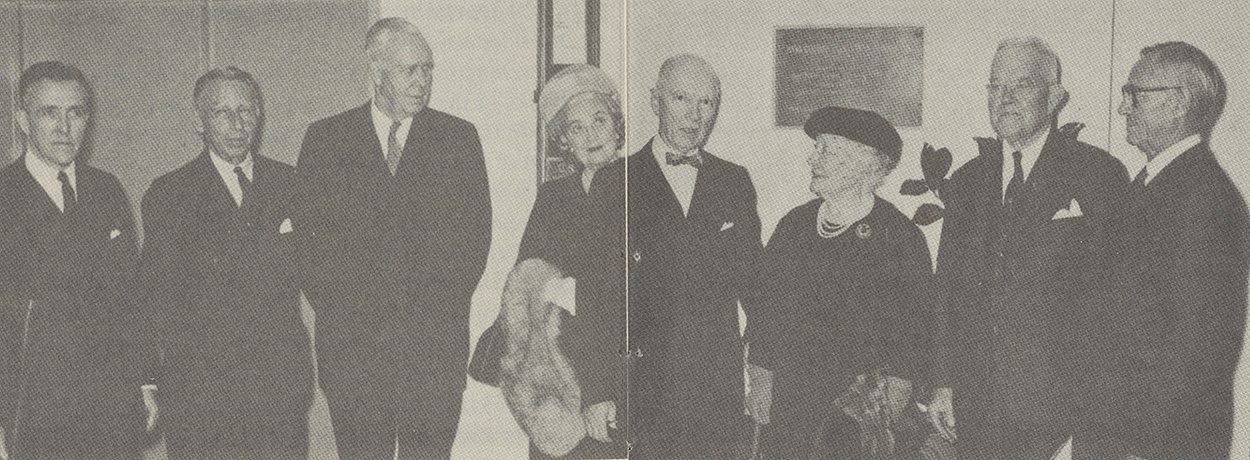 At the dedication of the Mildred Anna Williams Floor in the YWCA Residence in Brooklyn on Nov. 29, 1964, members of The New York Community Trust Distribution Committee appear, from left: Frank H. Detweiler, Francis T. Christy, Whitney North Seymour, Evelyn Scott Merz, Ralph Hayes, Eleanor Robson Belmont, Thomas R. Williams, and Lindsley F. Kimball.