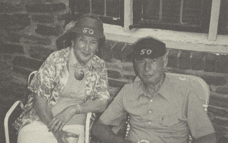 The MacMahons celebrated their 50th wedding anniversary in 1988. Both are wearing hats that say "50" on them.