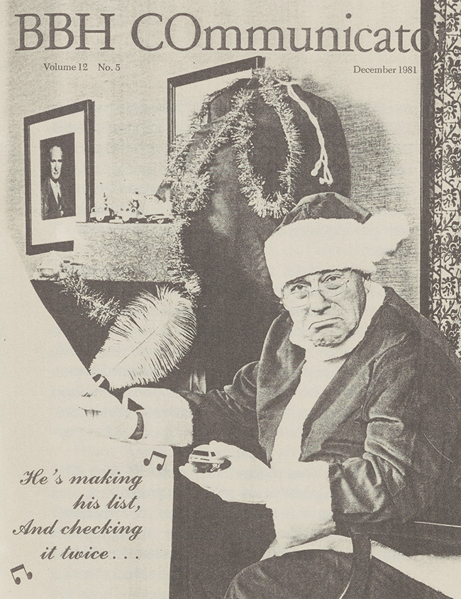 John with a Santa hat on the December cover of Brown Brothers Harriman’s magazine, 1981.