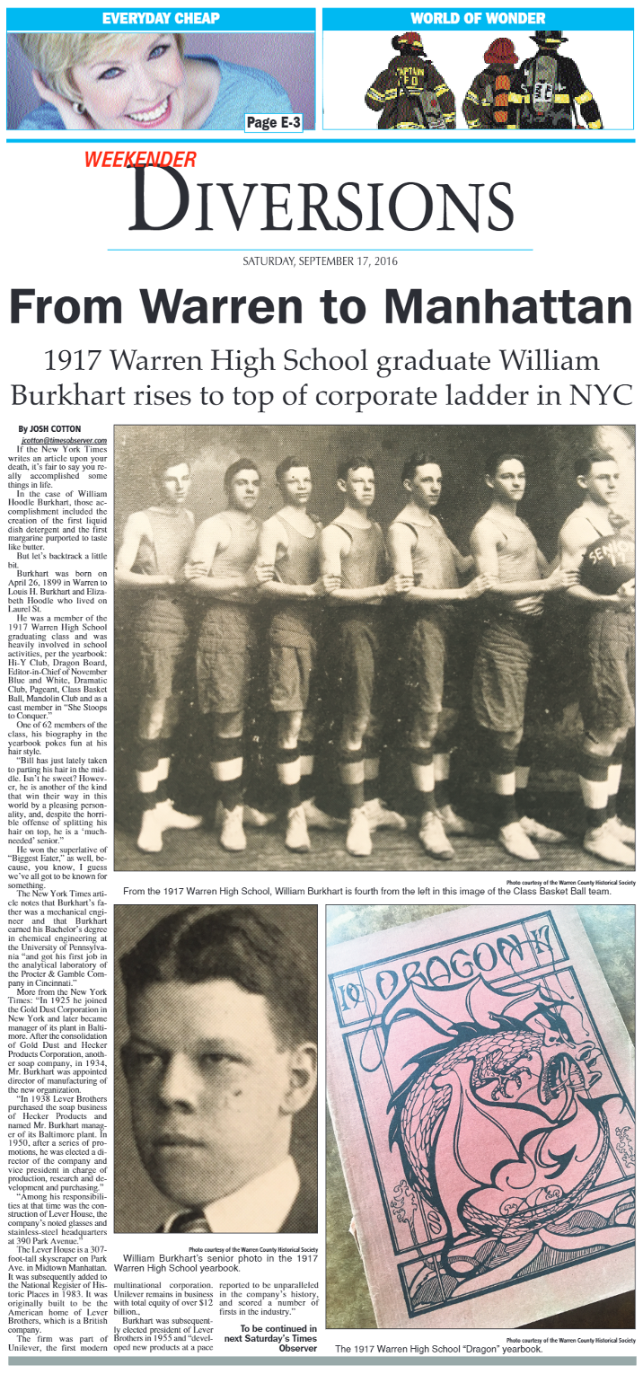 William Hoddle Burkhart was featured in a news article in Weekender Diversions, "From Warren to Manhattan 1917 Warren High School graduate William Burkhart rises to top of corporate ladder in NYC."