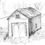 A black and white sketch of a large shed outside by Adam Patrick Joseph O’Connor.