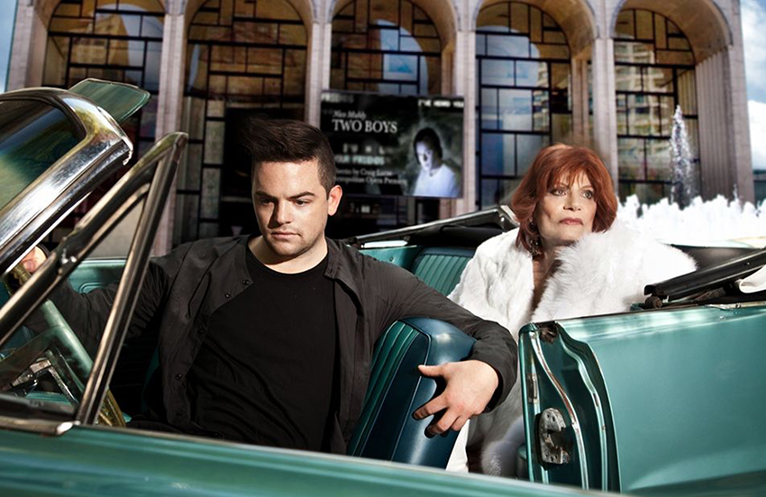 Nico Muhly and Coco Lazaroff sitting in a green old car outside The Metropolitan Opera. Photography by Nico Iliev.