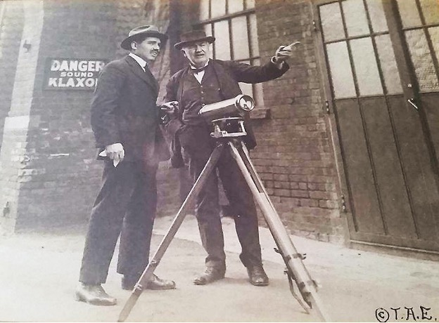 Benjamin Liebowitz, left, and Thomas Edison standing in the street together. Photo courtesy of Rebecca Barnes, ahf.nuclearmuseum.org