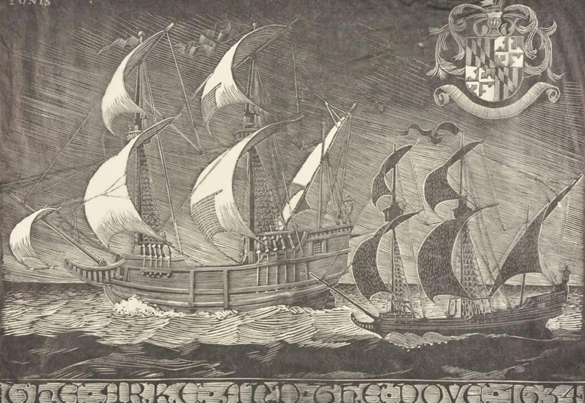 The wood engraving artwork, "The Arke and the Dove 1634," by Edwin B. Tunis, of two ships at sea, at the Baltimore Museum of Art.