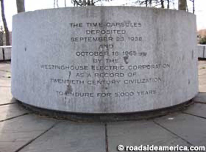 Capstone for two-time capsules, including one from the 1939 World’s Fair. The capsules (originally called “time bombs”) are buried 50 feet underground and are to be opened in about 5,000 years. Einstein’s letter, translated by Ruth Norden, is inside one of them.
