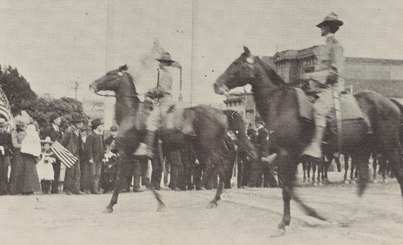 Col. H.B. McCoy (right on horseback) leads the 1st Colorado Infantry in a parade in San Francisco in August 1899, after the regiment returned from Manila. Photo Credit: State Historical Society of Colorado Library