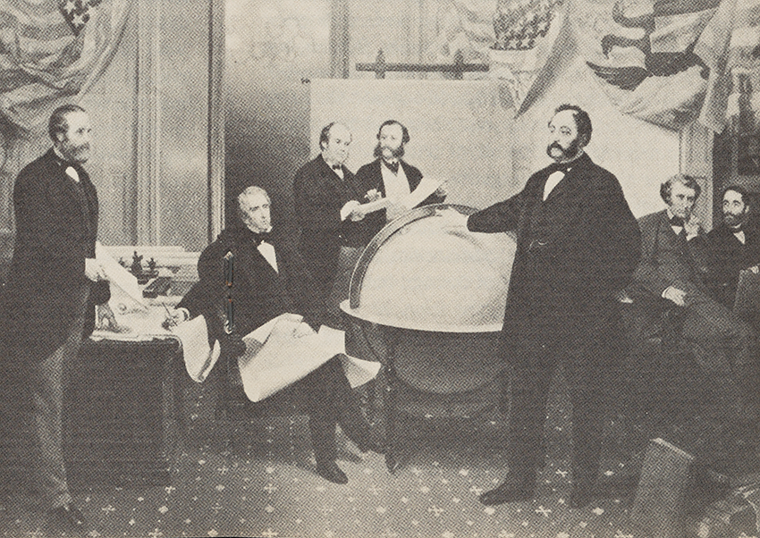 "Signing the Alaska Treaty," by Emanuel Leutze, 1867. The gentleman are surrounding a large globe.