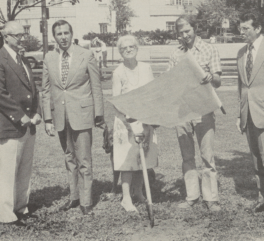 Gertrude Triantafillu with a shovel in her hands at the 1978 groundbreaking for the Triantafillu Fountain. With her are White Plains Mayor Alfred Del Vecchio; Brian Wallach, founder and first president of the White Plains Beautification Foundation; contractor Al Doria; and architect Leonard Salvador.