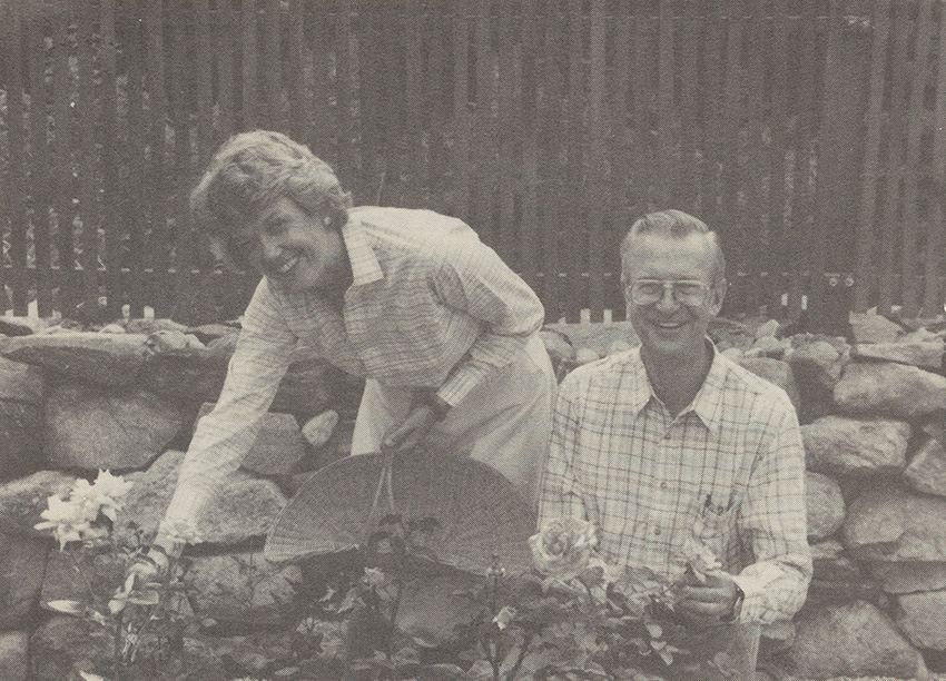 Maria (left) with a basket in her hands and Herbert (right) in the garden at Driftway Lane.