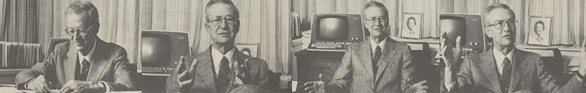 Herbert Buell West sitting in front of a TV. It is a collage of four photos side by side of him in the same spot in front of this television and various hand gestures.