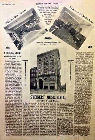 An old newspaper clipping, and in the center of the page it says, "Steinert Music Hall." Photo source: msteinert.com.