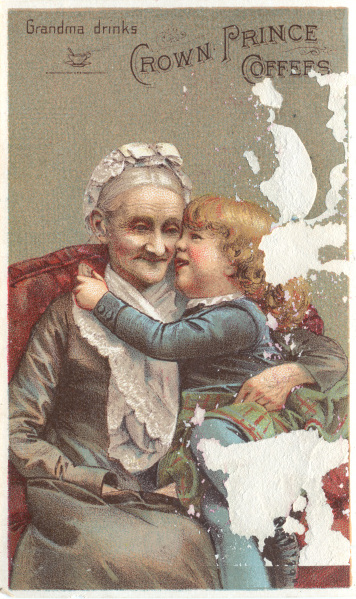 A 19th century Victorian Grandma Drinks Crown Prince Coffees trade card, showing a painting of a grandson sitting on his grandmother’s lap.