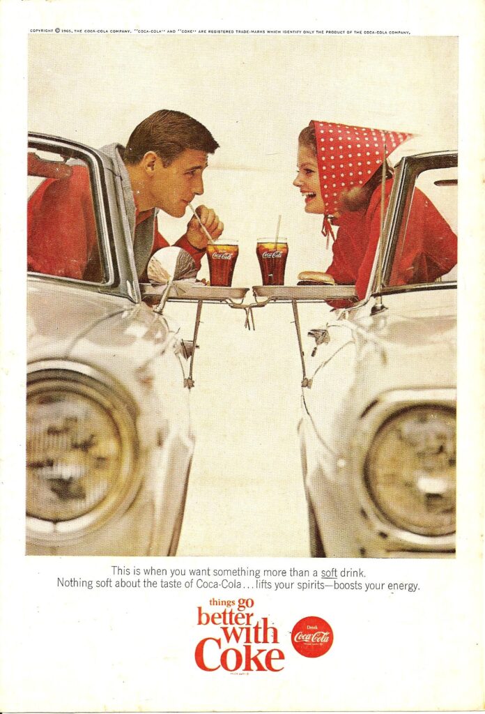 1960s “Things go better with Coke” advertisement with a couple drinking glasses of coke.