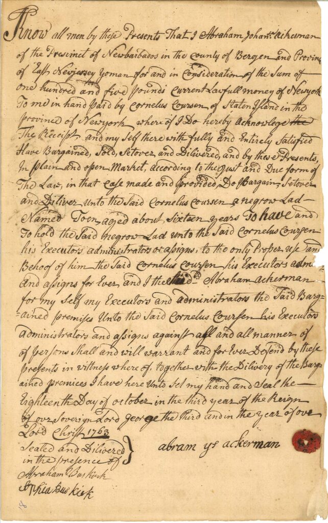 A handwritten bill of sale document transferring ownership of an enslaved person.