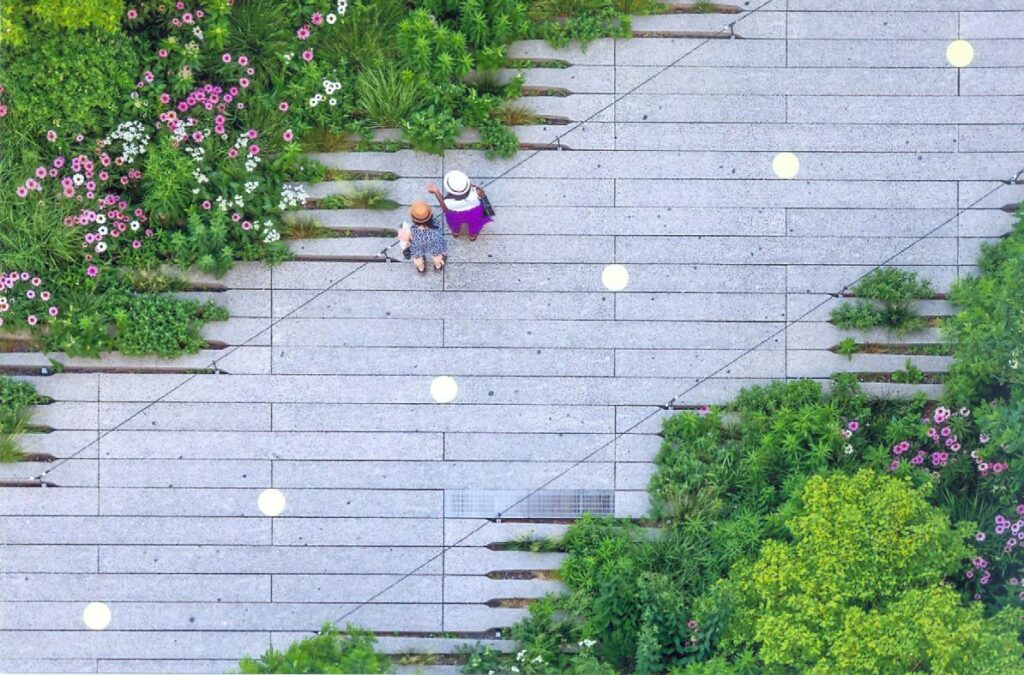 A bird’s-eye view of two people observing plants while standing on the High Line.