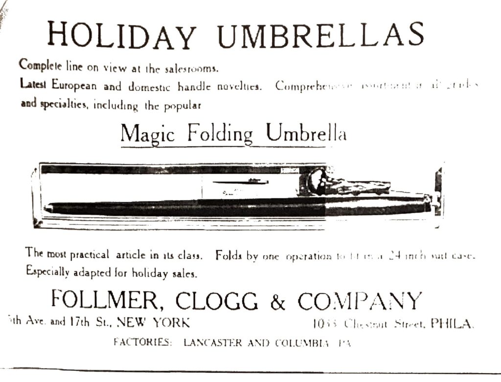 An 20th century advertisement for different types of umbrellas, including holiday umbrellas, a Magic Folding Umbrella, and a Manning’s Folding Umbrella.