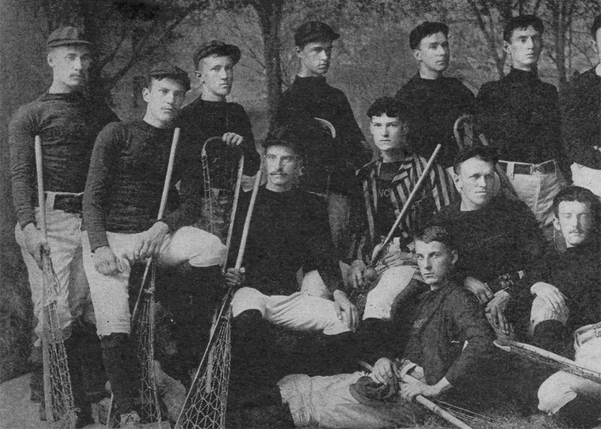 A group of young men with lacrosse sticks. J. Frederick (far left) was a member of the champion Princeton lacrosse team in 1888.